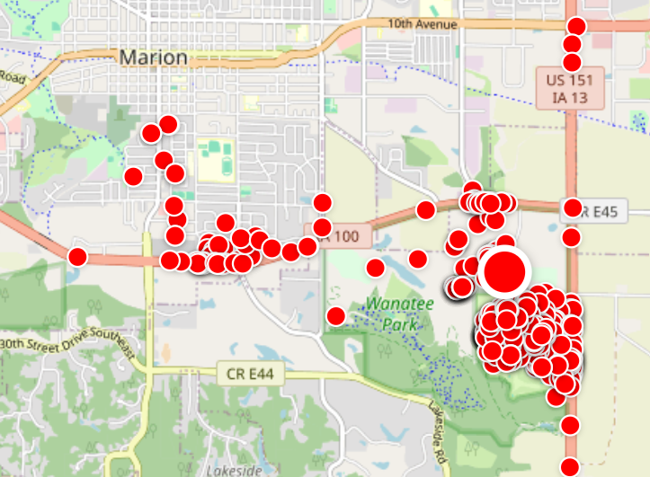The image is a map showing various roads, intersections, and landmarks such as Marion, 10th Avenue, US 151, IA 13, R E45, and several other locations. 
AI-generated content may be incorrect.